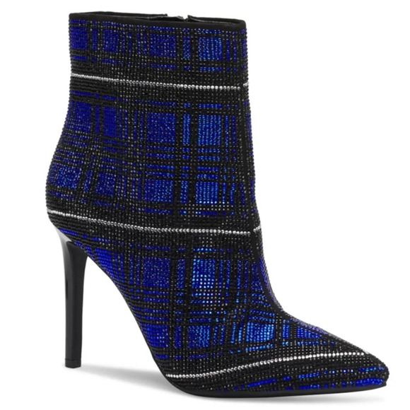 INC-  Blue Plaid Rhinestone Reisa Pointed Toe Stiletto Dress Booties - Picture 1 of 11